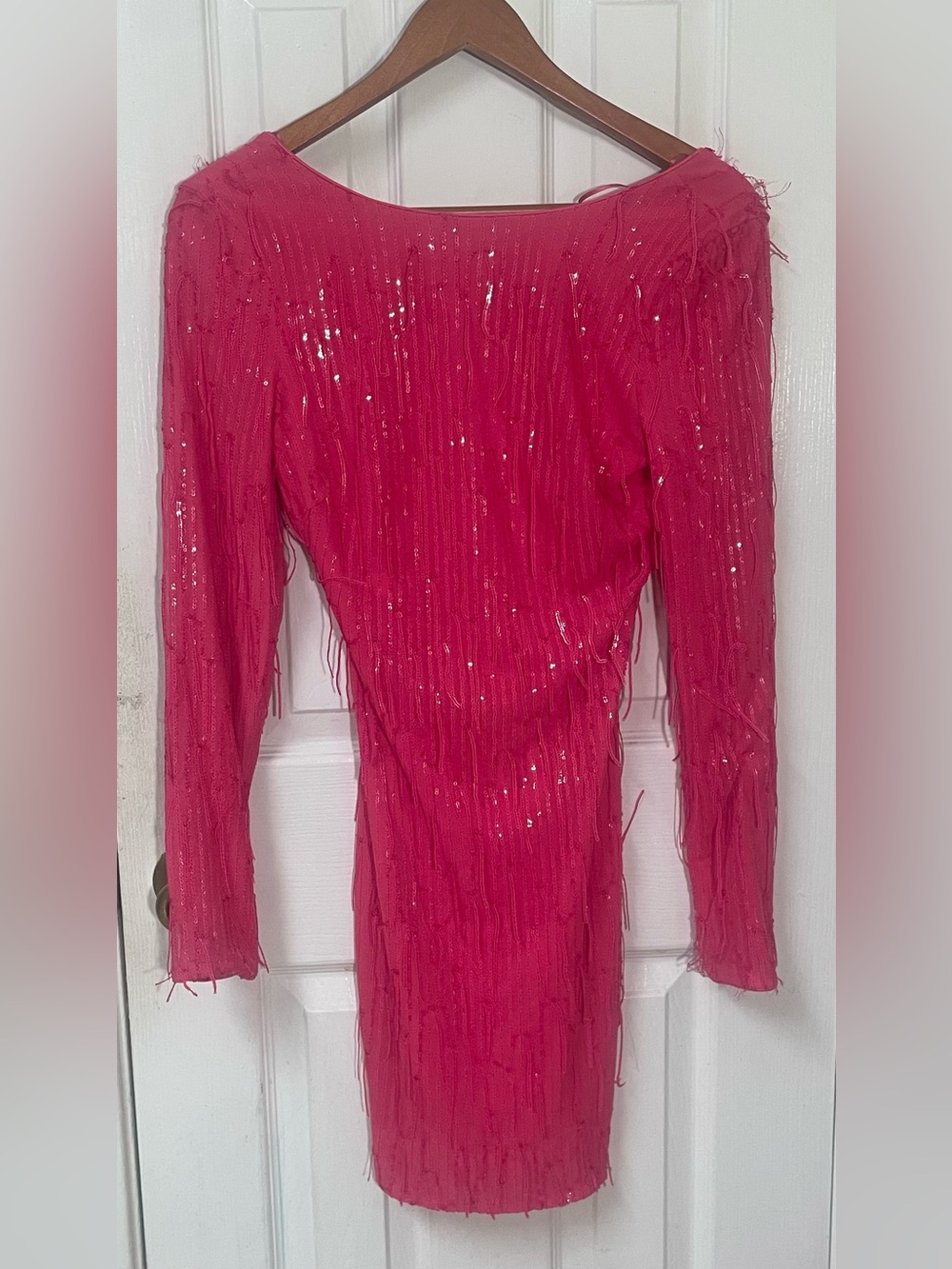 Dress the Population Small Dress Lola Mini Long Sleeve Pink Sequin Fringe Party - Picture 2 of 14